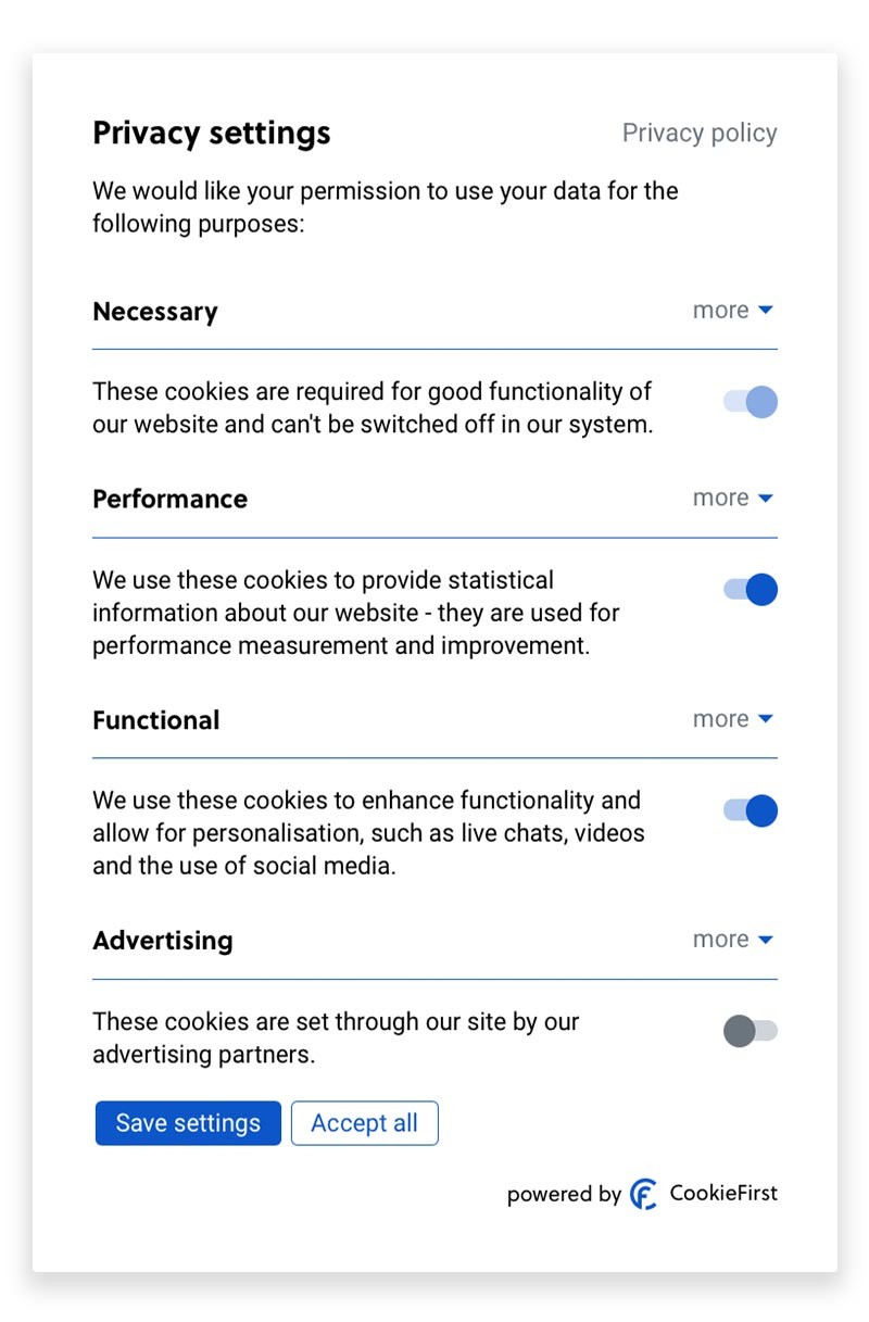 Consent Management Platform CookieFirst - Cookie settings panel