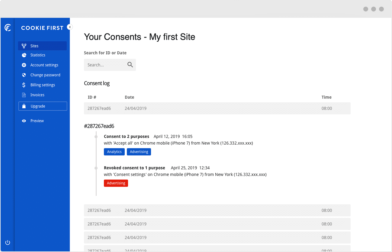 Usercentrics alternative | CookieFirst keeps a consent audit trail so you as admin have proof of consent
