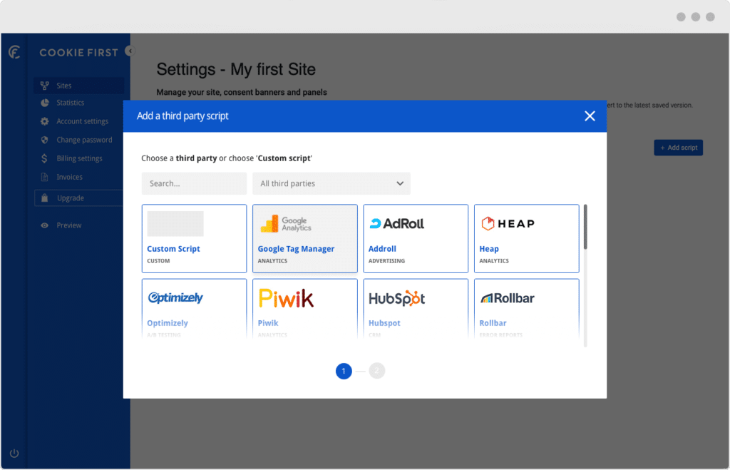 Come alternativa Usercentrics CookieFirst offre la gestione di script di terze parti come parte della soluzione di consenso dei cookie.