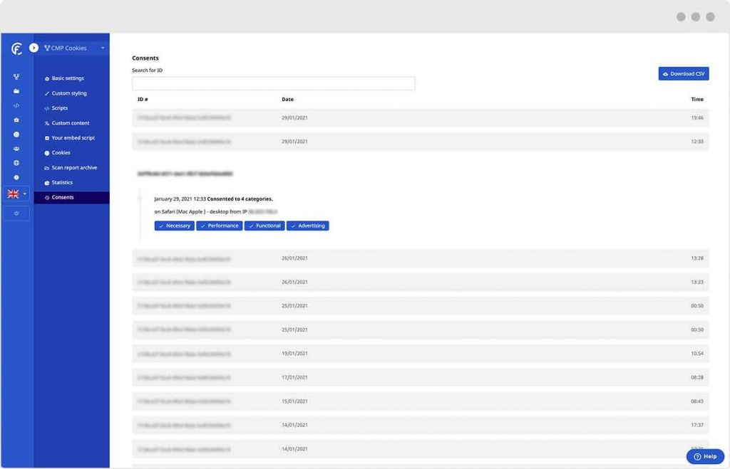 Le CMP de CookieFirst fournit une piste d'audit des changements de consentement d'un utilisateur.