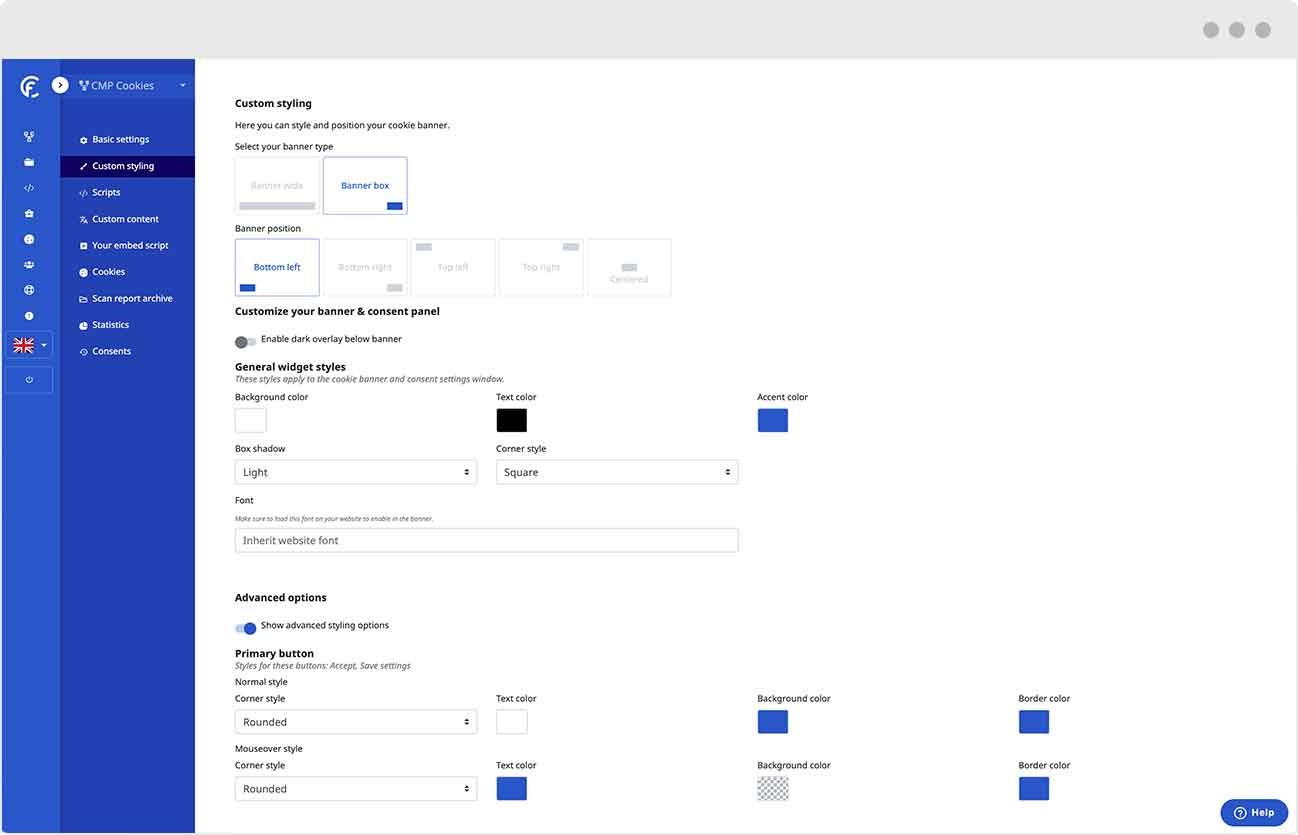 Vous pouvez configurer la mise en page et le style personnalisé de votre bannière de cookies.