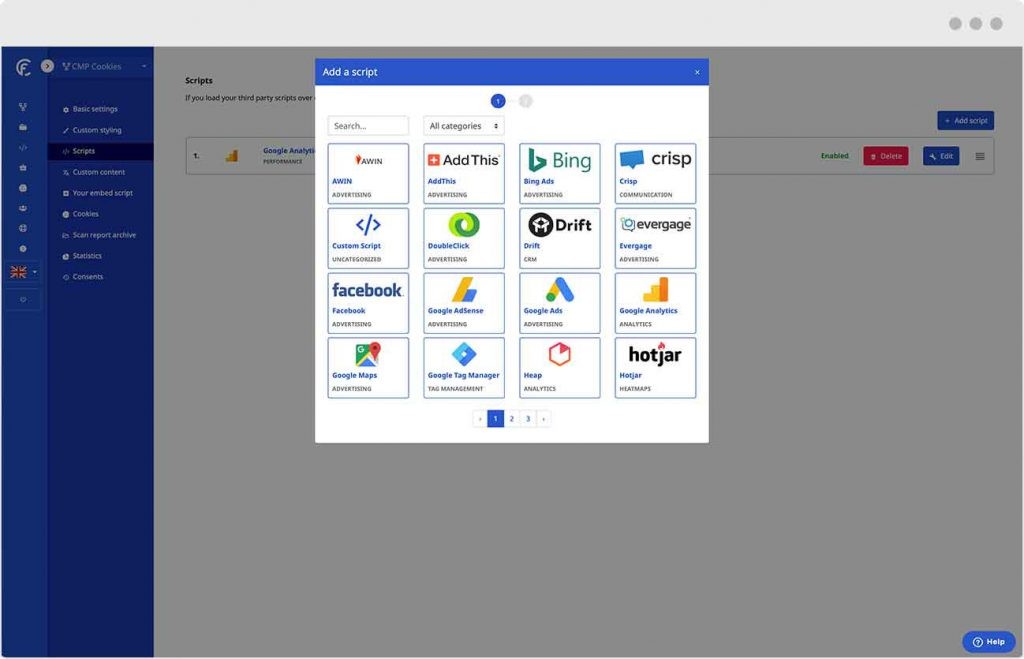 Alternativa a CookieYes - Con CookieFirst è possibile gestire gli script di tracciamento di terze parti.