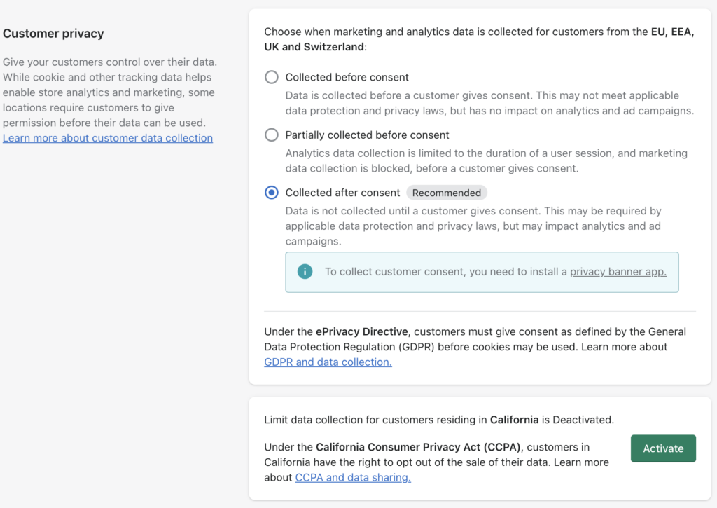 Shopify GDPR compliant cookie and data collections settings